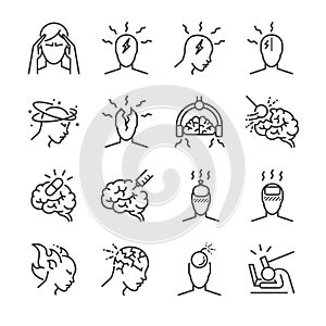 Headache line icon set. Included the icons as Tension headaches, Cluster headaches, Migraine, brain symptom and more. photo
