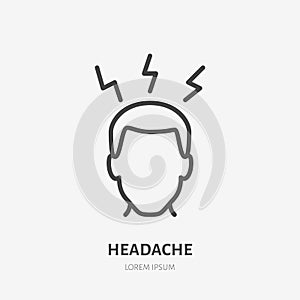 Headache line icon, vector pictogram of person with migraine. Man having hangover illustration, flu symptom sign for