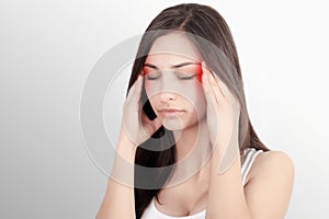 Headache, migraine and stress. The woman`s worries frustrate a woman who suffers from headache. Young beautiful girl. Treatment.