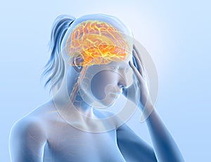 Headache, migraine of a woman with brain an nerves, medically 3D illustration on light blue background