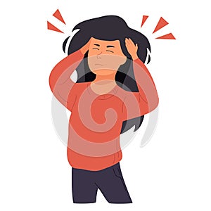 Headache or migraine. A woman squeezes her head with her hands.