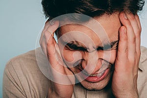 Headache stress anger fury man emotional breakdown