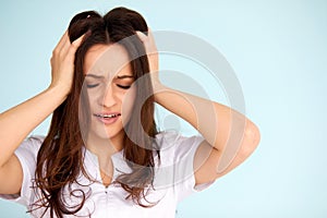 Headache And Stress. Beautiful Young Woman Feeling Strong Head Pain