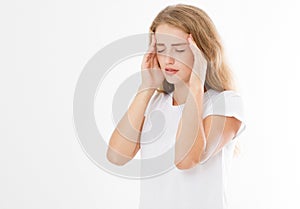 Headache And Stress Beautiful Young Woman Feeling Strong Head Pain. Portrait Of Tired Stressed Female Suffering From Painful