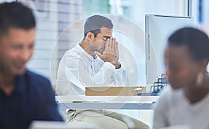 Headache, stress and businessman in office frustrated by computer, glitch or 404 error, mistake or deadline fail