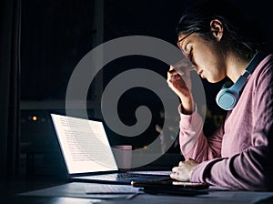 Headache, stress and sad student at night on laptop screen study, learning and university depression, anxiety or burnout