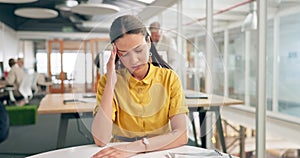 Headache, stress and tired business woman in office reading financial, finance or budget documents. Fatigue, sad and