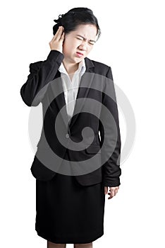 Headache symptom in a businesswoman isolated on white background. Clipping path on white background.