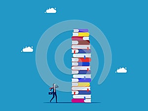 headache to learn or get confused in large amounts of information. Businessman headache with high stack of books