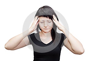 Headache woman. Suffering from tinnitus. photo