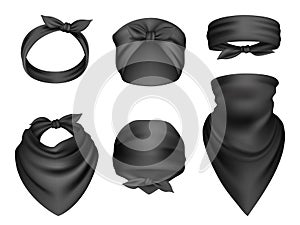 Headbands realistic. Sport clothes for head and neck biker travel bandanas gangsta fashion items scarf vector template