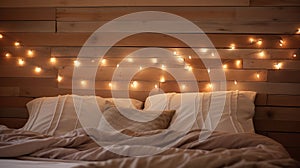 headboard string lights on wood