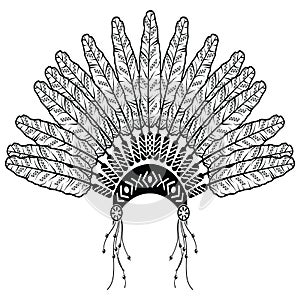 Headdress in Aztec style symbolizing Native American people in black and white in drawing style with decorative feathers, beads an