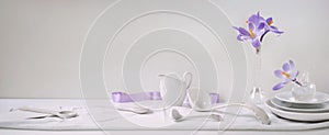 Header, banner for site design. Set of dishes for serving. Horizontal format, space for text