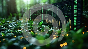 Eco-Dashboard in a Green Forest Displaying Sustainability Metrics photo