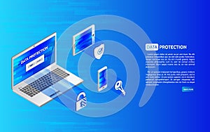 Header for website with laptop and protection icons with padlock