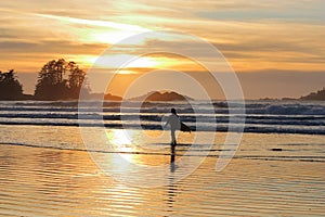 Tofino, Vancouver Island, Heading into the Surf at Sunset on Chesterman Beach on Pacific Coast of British Columbia, Canada photo