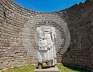 Headless armored statue of Trajan at the Temple of Trajan, in Pergamum Pergamon Ancient City. Bergama, Izmir, Turkey. Acropolis