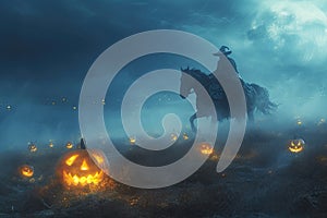 A headless horseman riding through a misty pumpkin patch with a glowing jack-o-lantern