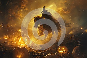 A headless horseman riding through a misty pumpkin patch with a glowing jack-o-lantern