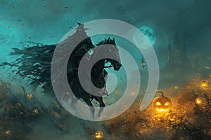 A headless horseman riding through a misty pumpkin patch with a glowing jack-o-lantern