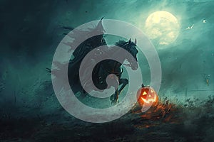 A headless horseman riding through a misty pumpkin patch with a glowing jack-o-lantern