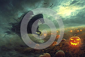 A headless horseman riding through a misty pumpkin patch with a glowing jack-o-lantern