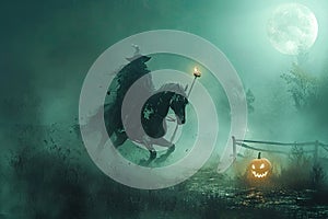 A headless horseman riding through a misty pumpkin patch with a glowing jack-o-lantern