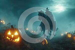 A headless horseman riding through a misty pumpkin patch with a glowing jack-o-lantern