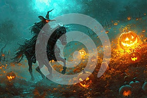 A headless horseman riding through a misty pumpkin patch with a glowing jack-o-lantern