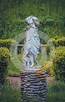 Headless statue of with a sheep in the garden