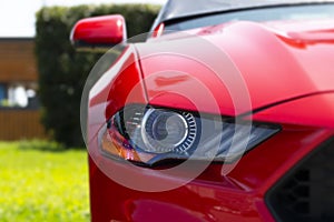 Headlight lamp of new cars,Close up detail on one of the LED headlights modern car.