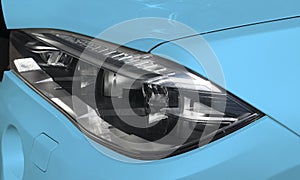 Headlight of a modern blue sport car. The front lights of the car. Modern Car exterior details.