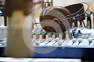 Headphone on analog mixer in broadcast room