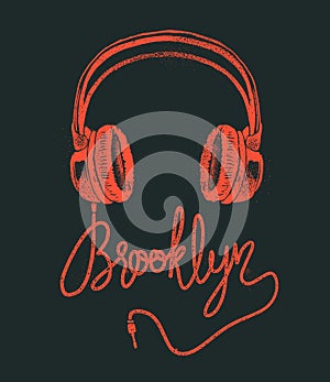 Headphone Brooklyn hand drawing, grunge vector illustration.