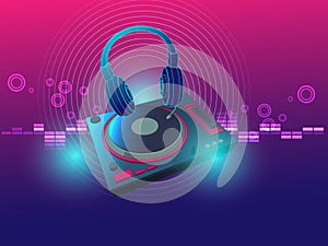 Headphone and dj turntable background vector illustration