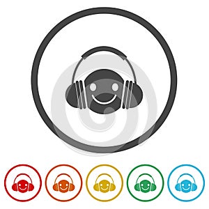 Headphone emoticon icon. Set icons in color circle buttons