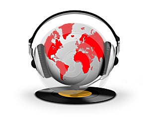 Headphone and globe with vinyl record
