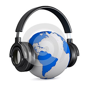 Headphone and globe on white background