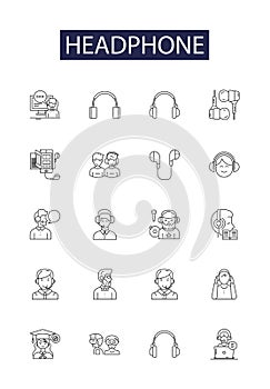 Headphone line vector icons and signs. Earbuds, Obliques, Auriculars, Auricula, Audiophiles, Acoustic, Open-back, Closed