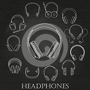 Headphone linear white Silhouettes Set on the chalkboard background