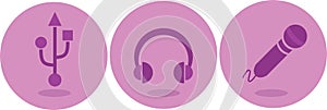 Headphone, microphone and USB icons