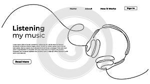 Headphone one line drawing minimalist, continuous hand drawn style vector illustration. Listening music gadget, Landing page