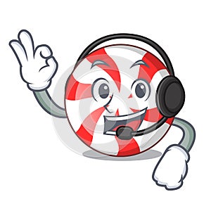 With headphone peppermint candy mascot cartoon