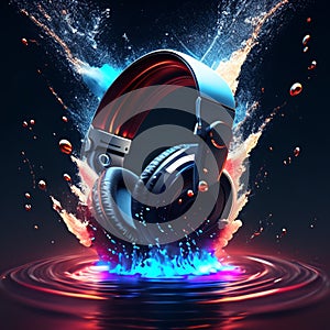 headphone on splash, flying in the air, in the style of mike campau