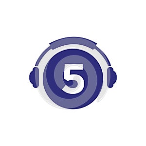 Headphone Template On 5 Letter. Letter 5 Music Logo Design. Dj Music And Podcast Logo Design Headphone Concept
