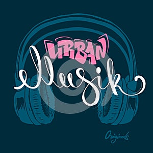 Headphone urban musik hand drawing, grunge vector illustration.