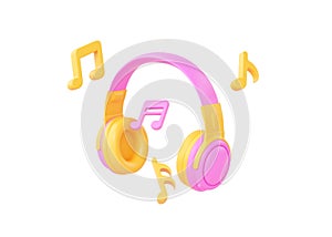 Headphones 3d render illustration - music earphone with notes, audio gadget, flying notation and sound headset