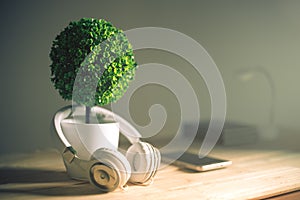 Headphones and artificial tree with morning light relax background music concept.