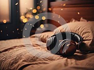 Headphones on the bed in the morning. Music lover concept.Generative ai